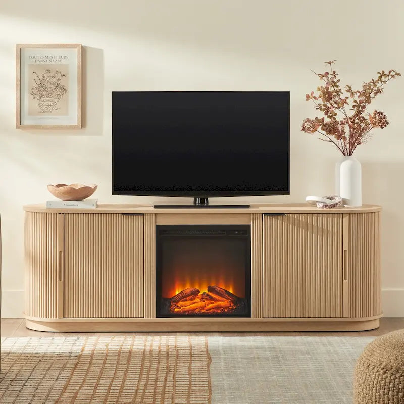 Meuble TV de cheminée cannelé de 70 po avec portes coulissantes et insert de cheminée amovible – Chêne côtier/Moka, style moderne, simple