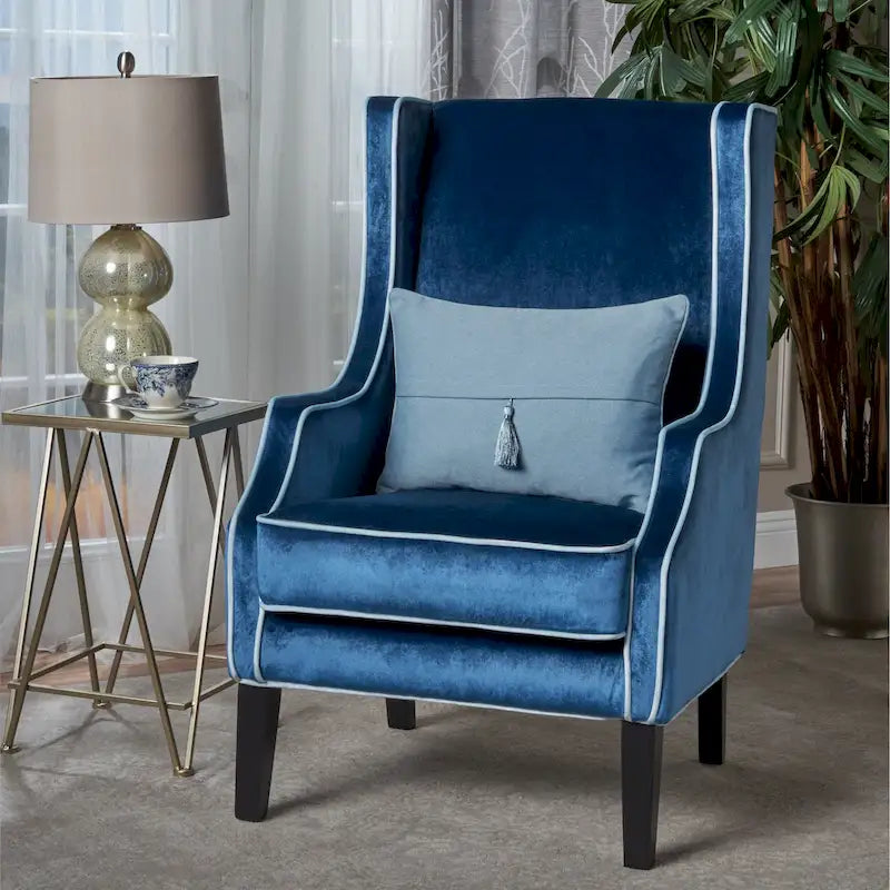 Fauteuil de club en velours à dossier haut avec dossier large et passepoil ton sur ton – Bleu/Noir, style moderne, individuel