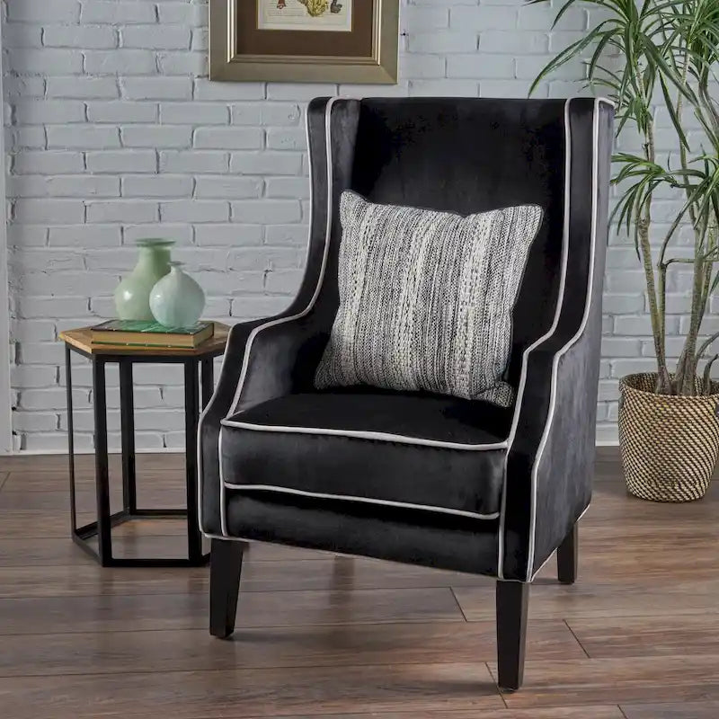 Fauteuil de club en velours à dossier haut avec dossier large et passepoil ton sur ton – Bleu/Noir, style moderne, individuel