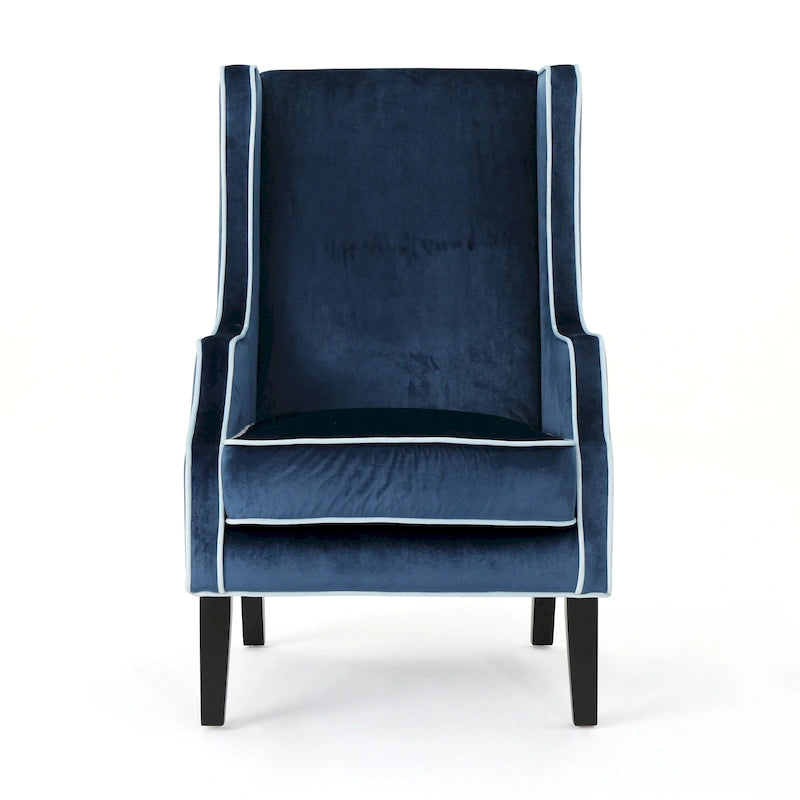 Fauteuil de club en velours à dossier haut avec dossier large et passepoil ton sur ton – Bleu/Noir, style moderne, individuel