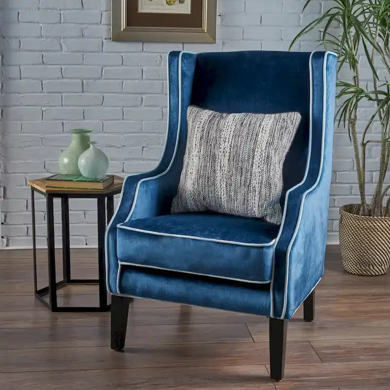 Fauteuil de club en velours à dossier haut avec dossier large et passepoil ton sur ton – Bleu/Noir, style moderne, individuel