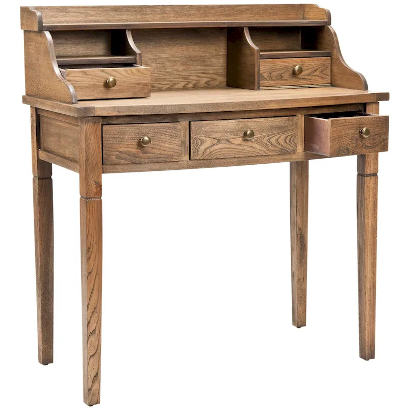 Bureau à 5 tiroirs avec niches de rangement – Chêne / Vert petits pois / Brun henné / Blanc / Bleu sarcelle ardoise / Gris quartz / Noir vieilli, Style classique, Simple