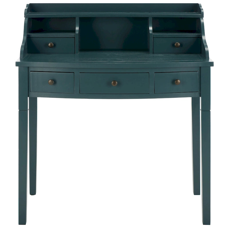 Bureau à 5 tiroirs avec niches de rangement – Chêne / Vert petits pois / Brun henné / Blanc / Bleu sarcelle ardoise / Gris quartz / Noir vieilli, Style classique, Simple