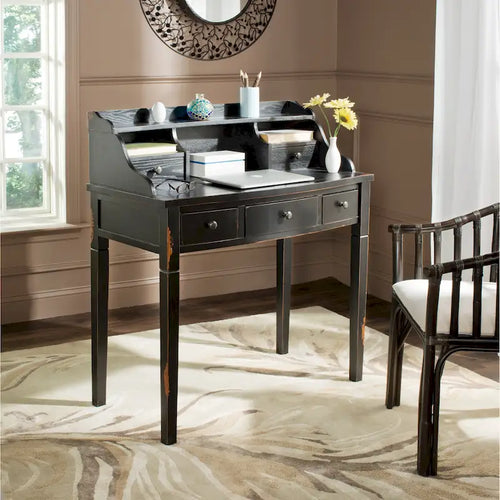 Bureau à 5 tiroirs avec niches de rangement – Chêne / Vert petits pois / Brun henné / Blanc / Bleu sarcelle ardoise / Gris quartz / Noir vieilli, Style classique, Simple