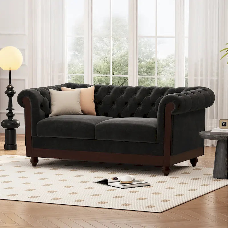 Causeuse Chesterfield en velours touffeté – Noir / Gris foncé / Vert forêt, style classique, 2 places