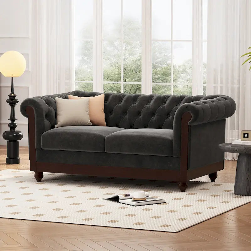 Causeuse Chesterfield en velours touffeté – Noir / Gris foncé / Vert forêt, style classique, 2 places