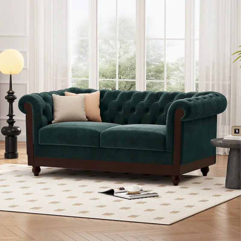 Causeuse Chesterfield en velours touffeté – Noir / Gris foncé / Vert forêt, style classique, 2 places