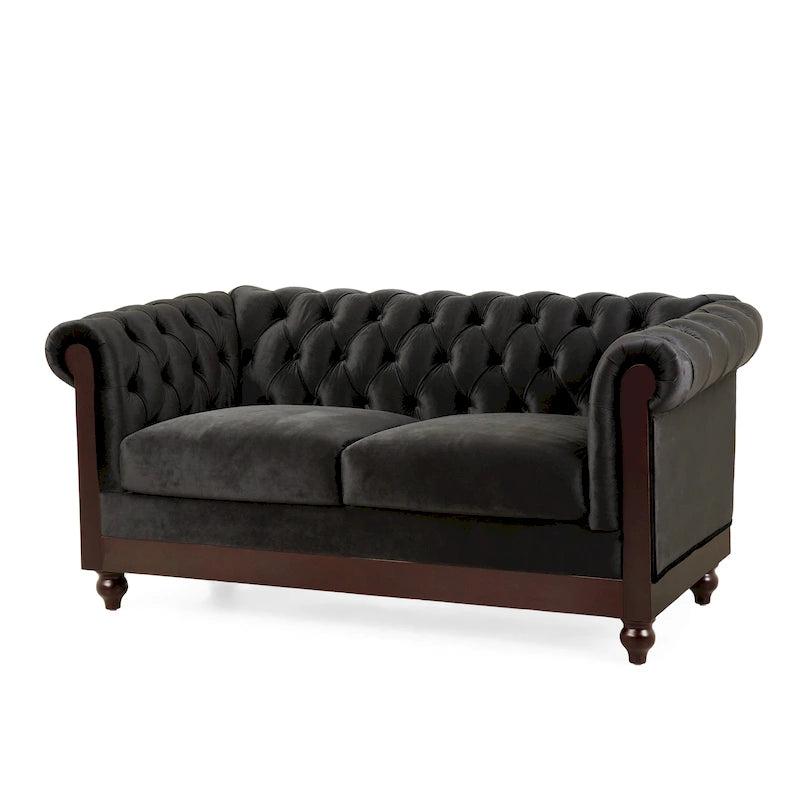 Causeuse Chesterfield en velours touffeté – Noir / Gris foncé / Vert forêt, style classique, 2 places