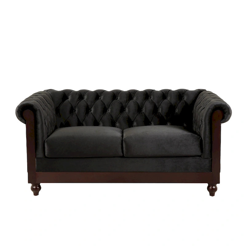 Causeuse Chesterfield en velours touffeté – Noir / Gris foncé / Vert forêt, style classique, 2 places
