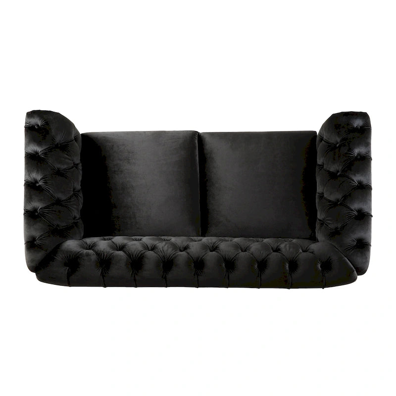Causeuse Chesterfield en velours touffeté – Noir / Gris foncé / Vert forêt, style classique, 2 places