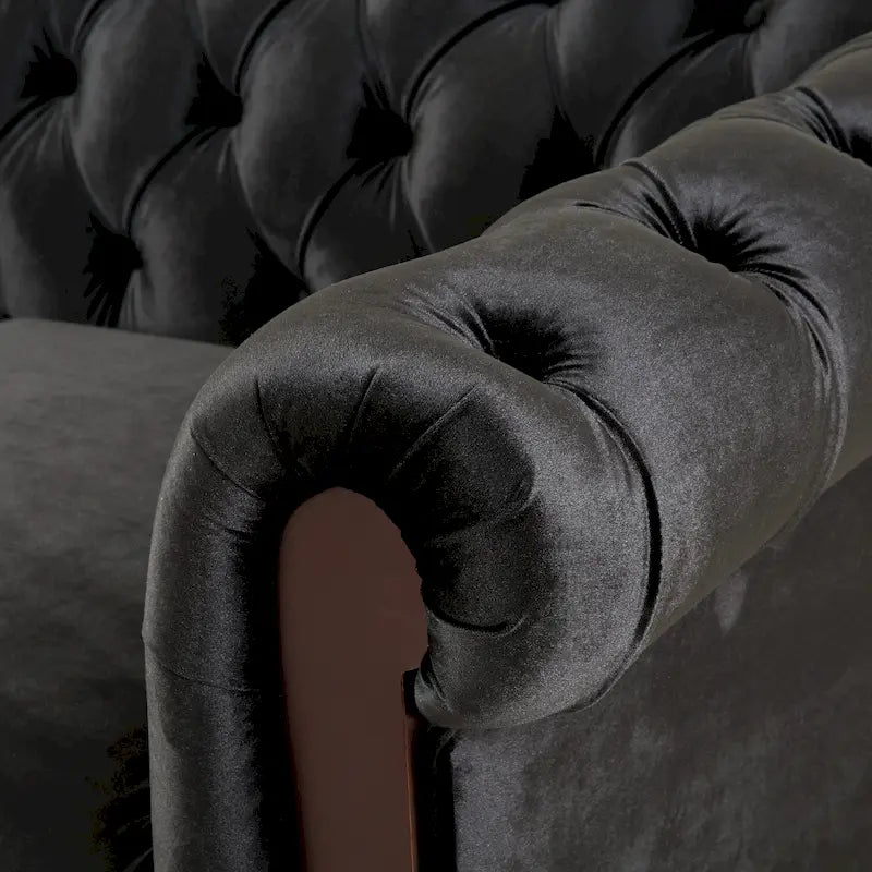Causeuse Chesterfield en velours touffeté – Noir / Gris foncé / Vert forêt, style classique, 2 places