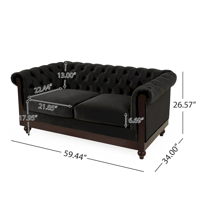 Causeuse Chesterfield en velours touffeté – Noir / Gris foncé / Vert forêt, style classique, 2 places
