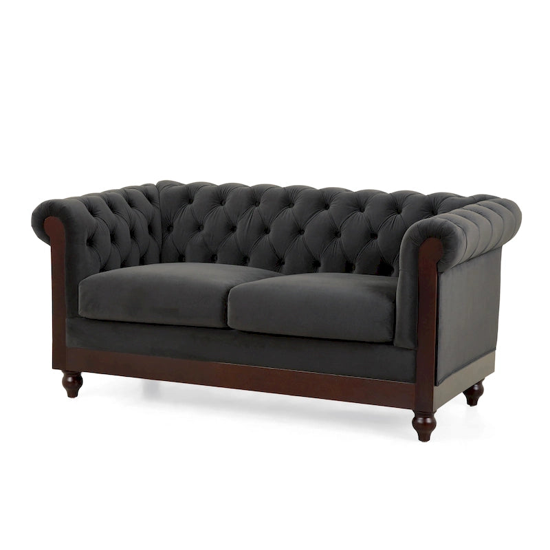 Causeuse Chesterfield en velours touffeté – Noir / Gris foncé / Vert forêt, style classique, 2 places