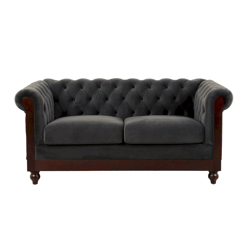 Causeuse Chesterfield en velours touffeté – Noir / Gris foncé / Vert forêt, style classique, 2 places