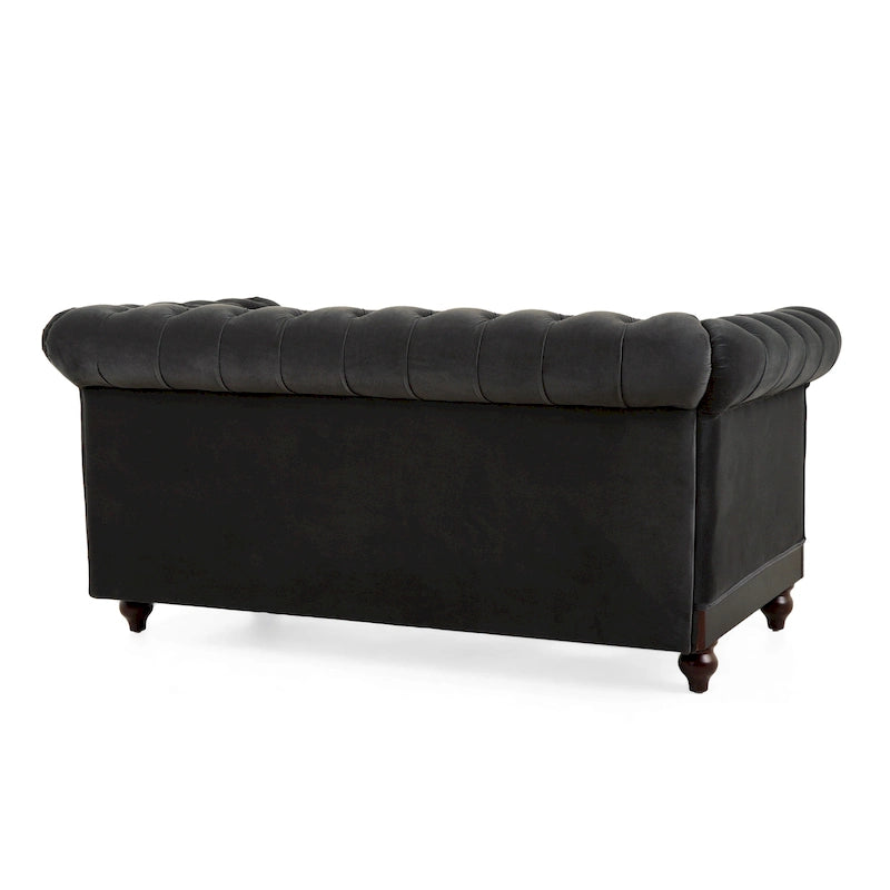 Causeuse Chesterfield en velours touffeté – Noir / Gris foncé / Vert forêt, style classique, 2 places
