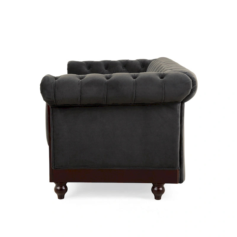 Causeuse Chesterfield en velours touffeté – Noir / Gris foncé / Vert forêt, style classique, 2 places
