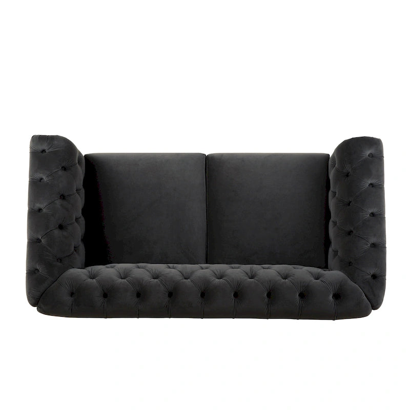 Causeuse Chesterfield en velours touffeté – Noir / Gris foncé / Vert forêt, style classique, 2 places