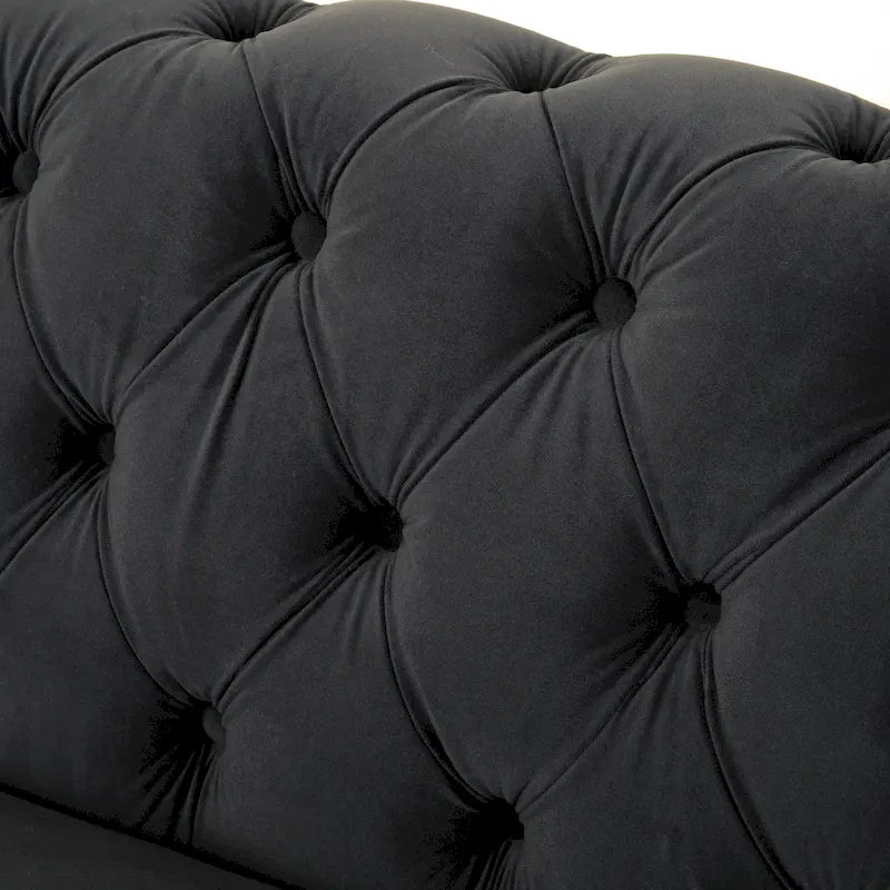 Causeuse Chesterfield en velours touffeté – Noir / Gris foncé / Vert forêt, style classique, 2 places