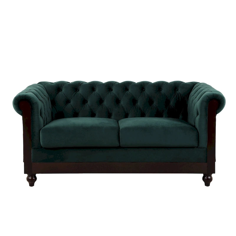 Causeuse Chesterfield en velours touffeté – Noir / Gris foncé / Vert forêt, style classique, 2 places