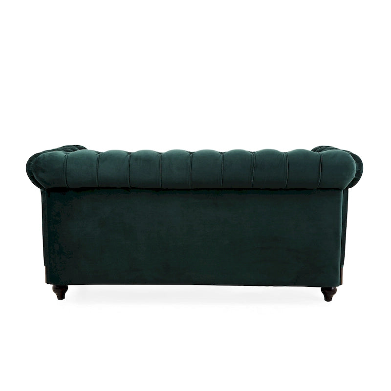 Causeuse Chesterfield en velours touffeté – Noir / Gris foncé / Vert forêt, style classique, 2 places