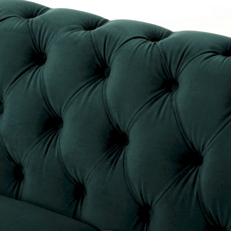 Causeuse Chesterfield en velours touffeté – Noir / Gris foncé / Vert forêt, style classique, 2 places