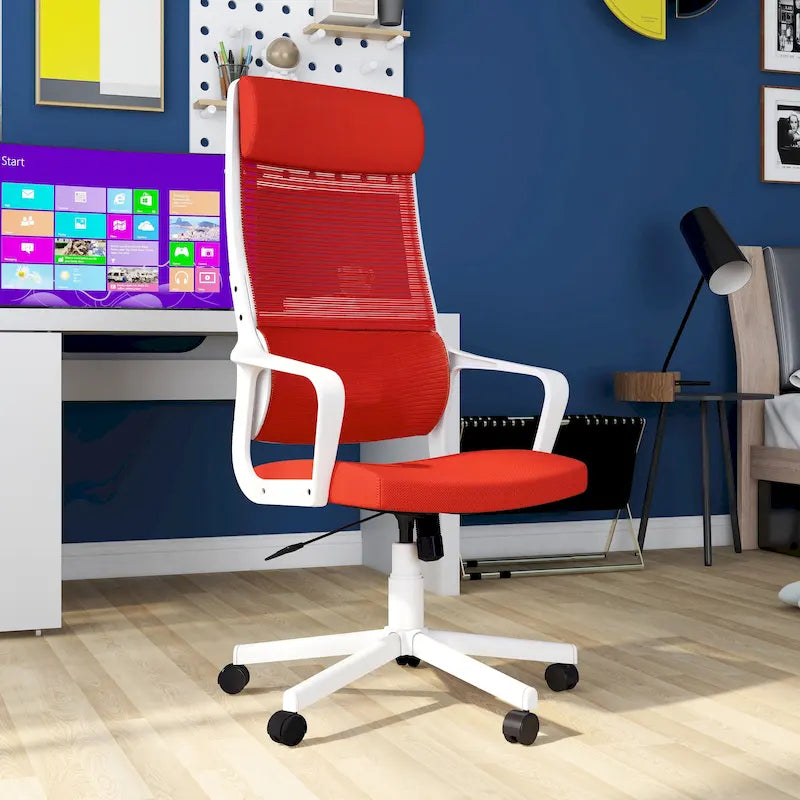 Chaise de bureau pivotante ergonomique à dossier en maille avec appui-tête et hauteur réglables – Noir / Rose / Rouge / Gris, style contemporain, individuelle