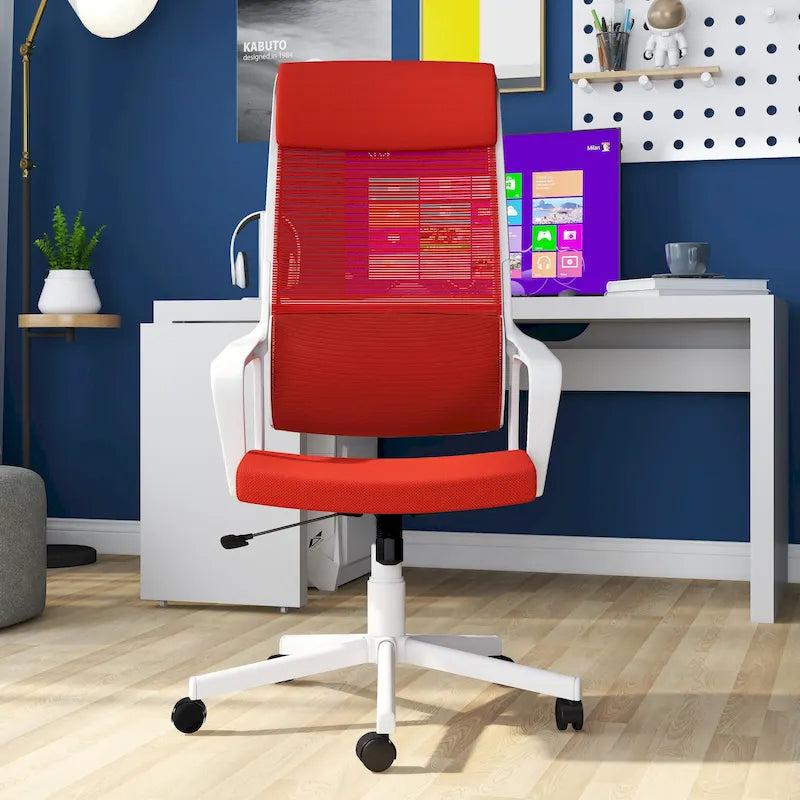 Chaise de bureau pivotante ergonomique à dossier en maille avec appui-tête et hauteur réglables – Noir / Rose / Rouge / Gris, style contemporain, individuelle