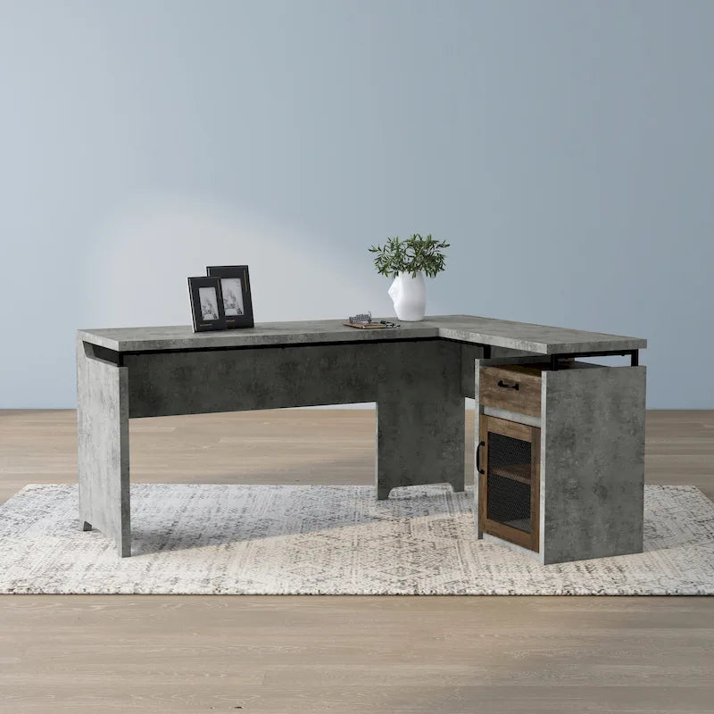 Bureau en L avec armoire en treillis métallique, tiroirs et étagère ouverte – Ciment / Noyer clair, style urbain, individuel
