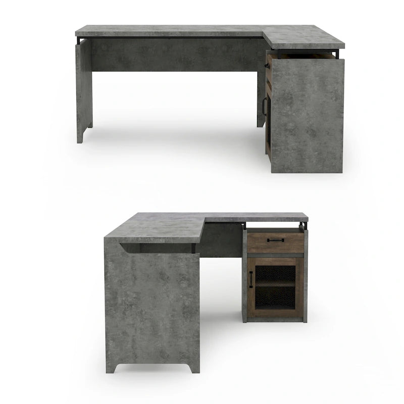 Bureau en L avec armoire en treillis métallique, tiroirs et étagère ouverte – Ciment / Noyer clair, style urbain, individuel