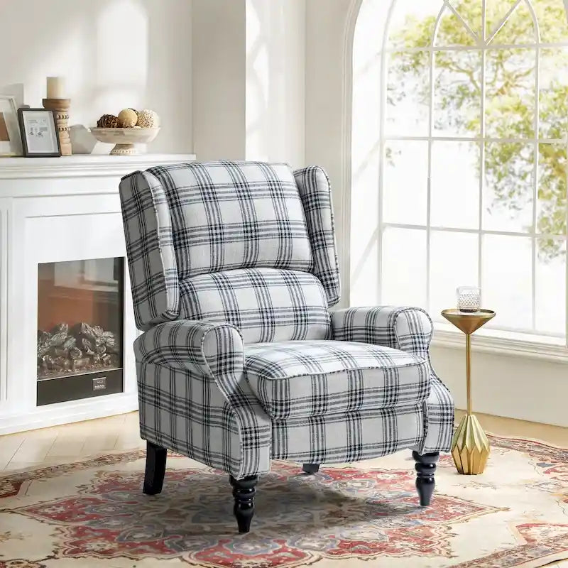 Fauteuil inclinable manuel à oreilles avec pieds fuseau – Carreaux noirs / Rayures noires / Fleurs / Carreaux gris / Fauve / Jacobéen / Rayures marine / Tropical / Blanc / Bleu / Gris, Style classique, Individuel