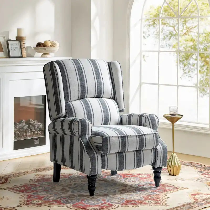 Fauteuil inclinable manuel à oreilles avec pieds fuseau – Carreaux noirs / Rayures noires / Fleurs / Carreaux gris / Fauve / Jacobéen / Rayures marine / Tropical / Blanc / Bleu / Gris, Style classique, Individuel