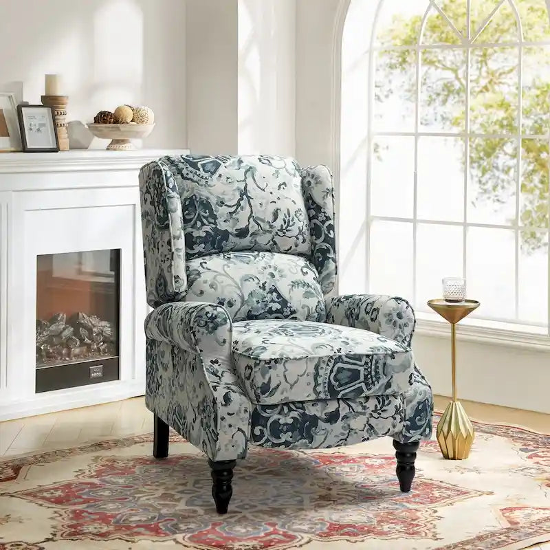 Fauteuil inclinable manuel à oreilles avec pieds fuseau – Carreaux noirs / Rayures noires / Fleurs / Carreaux gris / Fauve / Jacobéen / Rayures marine / Tropical / Blanc / Bleu / Gris, Style classique, Individuel