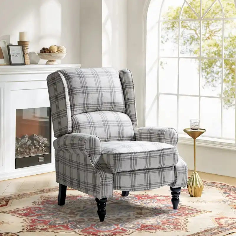 Fauteuil inclinable manuel à oreilles avec pieds fuseau – Carreaux noirs / Rayures noires / Fleurs / Carreaux gris / Fauve / Jacobéen / Rayures marine / Tropical / Blanc / Bleu / Gris, Style classique, Individuel