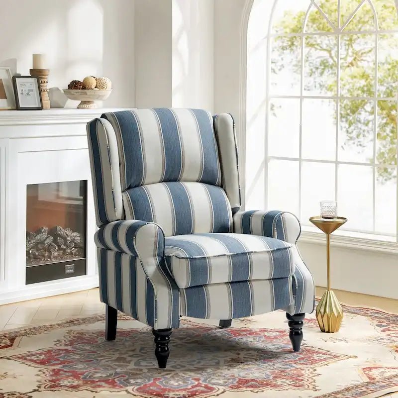 Fauteuil inclinable manuel à oreilles avec pieds fuseau – Carreaux noirs / Rayures noires / Fleurs / Carreaux gris / Fauve / Jacobéen / Rayures marine / Tropical / Blanc / Bleu / Gris, Style classique, Individuel