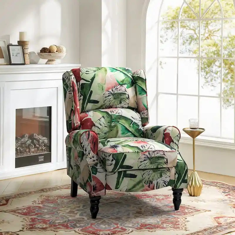 Fauteuil inclinable manuel à oreilles avec pieds fuseau – Carreaux noirs / Rayures noires / Fleurs / Carreaux gris / Fauve / Jacobéen / Rayures marine / Tropical / Blanc / Bleu / Gris, Style classique, Individuel