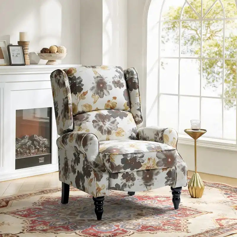 Fauteuil inclinable manuel à oreilles avec pieds fuseau – Carreaux noirs / Rayures noires / Fleurs / Carreaux gris / Fauve / Jacobéen / Rayures marine / Tropical / Blanc / Bleu / Gris, Style classique, Individuel