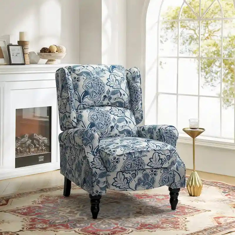 Fauteuil inclinable manuel à oreilles avec pieds fuseau – Carreaux noirs / Rayures noires / Fleurs / Carreaux gris / Fauve / Jacobéen / Rayures marine / Tropical / Blanc / Bleu / Gris, Style classique, Individuel