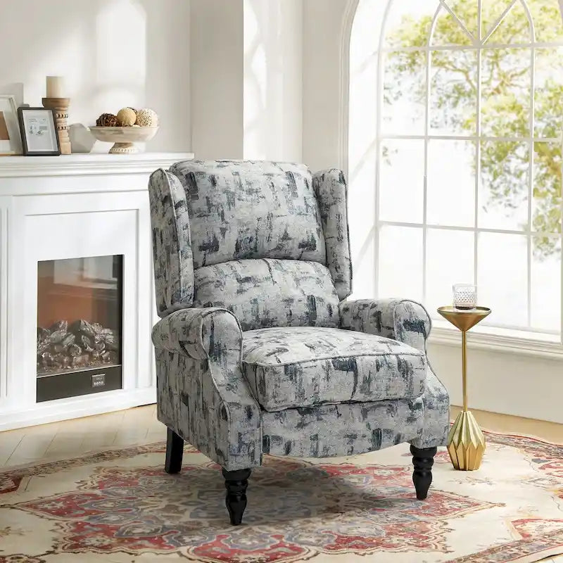 Fauteuil inclinable manuel à oreilles avec pieds fuseau – Carreaux noirs / Rayures noires / Fleurs / Carreaux gris / Fauve / Jacobéen / Rayures marine / Tropical / Blanc / Bleu / Gris, Style classique, Individuel