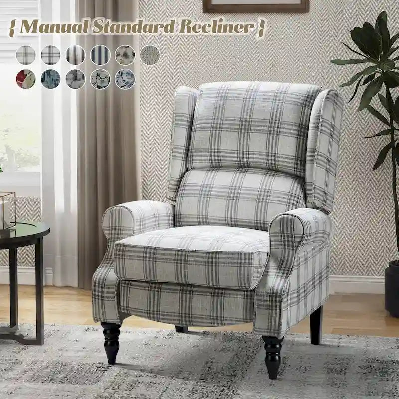 Fauteuil inclinable manuel à oreilles avec pieds fuseau – Carreaux noirs / Rayures noires / Fleurs / Carreaux gris / Fauve / Jacobéen / Rayures marine / Tropical / Blanc / Bleu / Gris, Style classique, Individuel