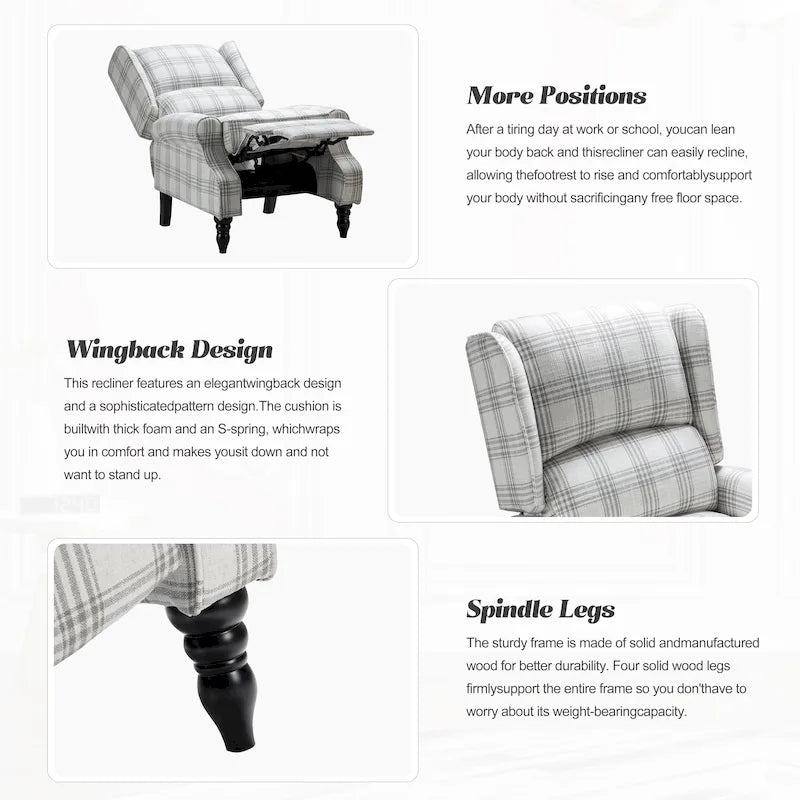 Fauteuil inclinable manuel à oreilles avec pieds fuseau – Carreaux noirs / Rayures noires / Fleurs / Carreaux gris / Fauve / Jacobéen / Rayures marine / Tropical / Blanc / Bleu / Gris, Style classique, Individuel