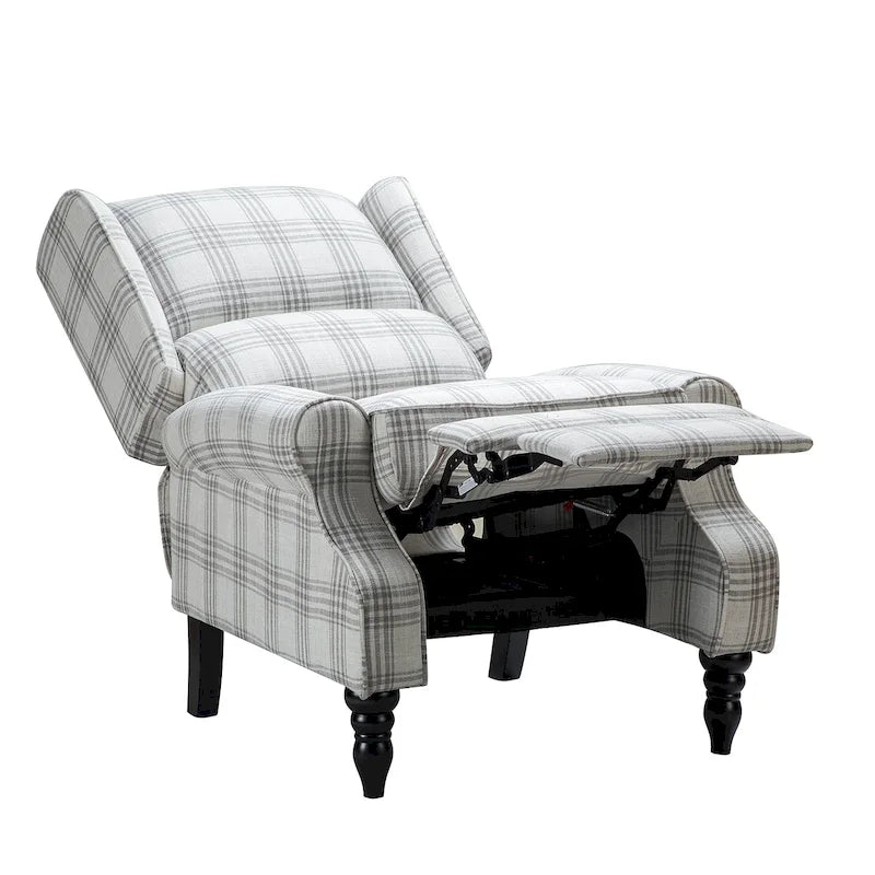 Fauteuil inclinable manuel à oreilles avec pieds fuseau – Carreaux noirs / Rayures noires / Fleurs / Carreaux gris / Fauve / Jacobéen / Rayures marine / Tropical / Blanc / Bleu / Gris, Style classique, Individuel