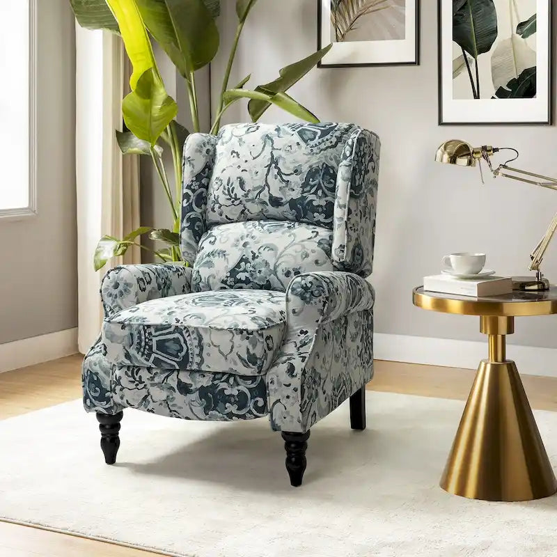 Fauteuil inclinable manuel à oreilles avec pieds fuseau – Carreaux noirs / Rayures noires / Fleurs / Carreaux gris / Fauve / Jacobéen / Rayures marine / Tropical / Blanc / Bleu / Gris, Style classique, Individuel