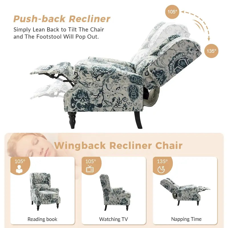 Fauteuil inclinable manuel à oreilles avec pieds fuseau – Carreaux noirs / Rayures noires / Fleurs / Carreaux gris / Fauve / Jacobéen / Rayures marine / Tropical / Blanc / Bleu / Gris, Style classique, Individuel