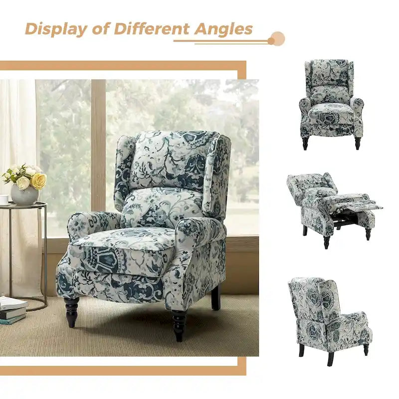 Fauteuil inclinable manuel à oreilles avec pieds fuseau – Carreaux noirs / Rayures noires / Fleurs / Carreaux gris / Fauve / Jacobéen / Rayures marine / Tropical / Blanc / Bleu / Gris, Style classique, Individuel