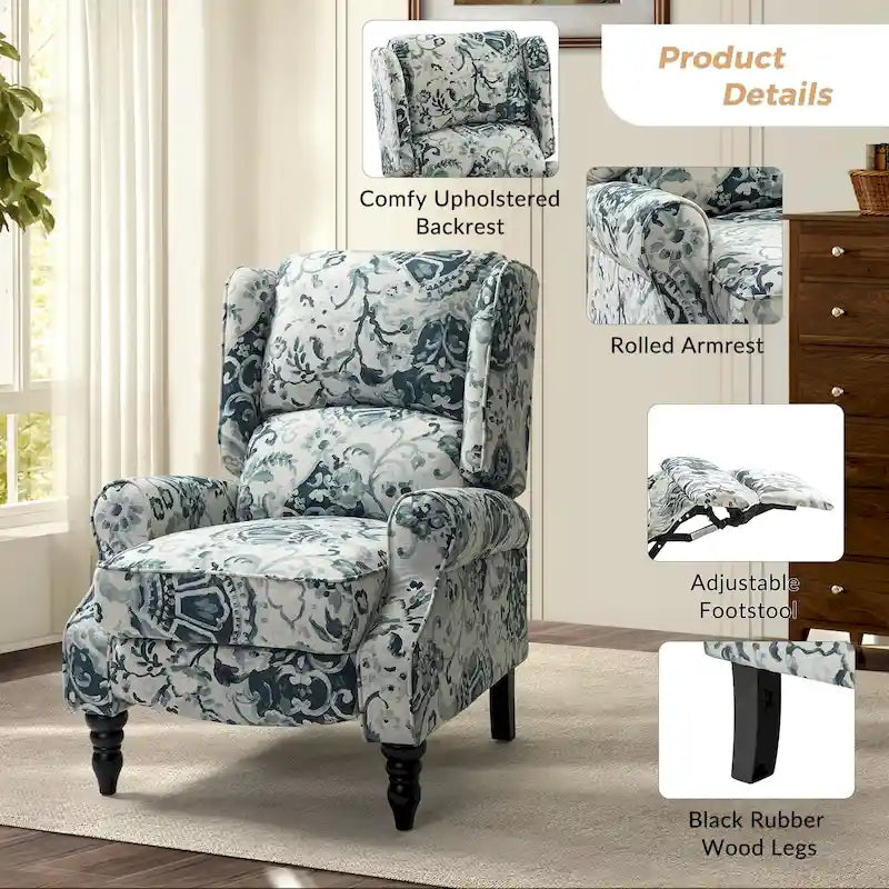Fauteuil inclinable manuel à oreilles avec pieds fuseau – Carreaux noirs / Rayures noires / Fleurs / Carreaux gris / Fauve / Jacobéen / Rayures marine / Tropical / Blanc / Bleu / Gris, Style classique, Individuel