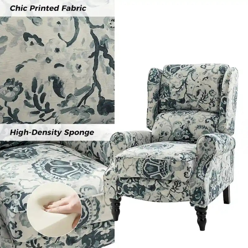 Fauteuil inclinable manuel à oreilles avec pieds fuseau – Carreaux noirs / Rayures noires / Fleurs / Carreaux gris / Fauve / Jacobéen / Rayures marine / Tropical / Blanc / Bleu / Gris, Style classique, Individuel