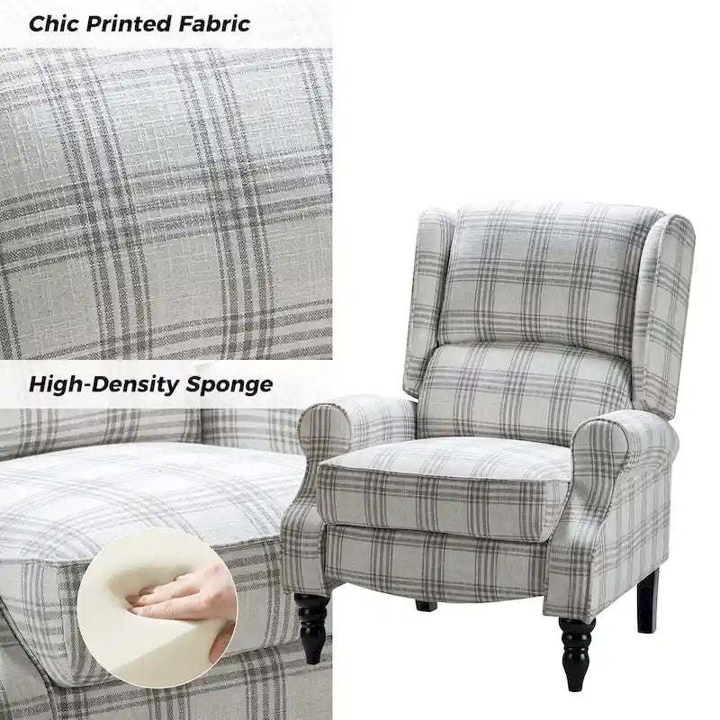 Fauteuil inclinable manuel à oreilles avec pieds fuseau – Carreaux noirs / Rayures noires / Fleurs / Carreaux gris / Fauve / Jacobéen / Rayures marine / Tropical / Blanc / Bleu / Gris, Style classique, Individuel