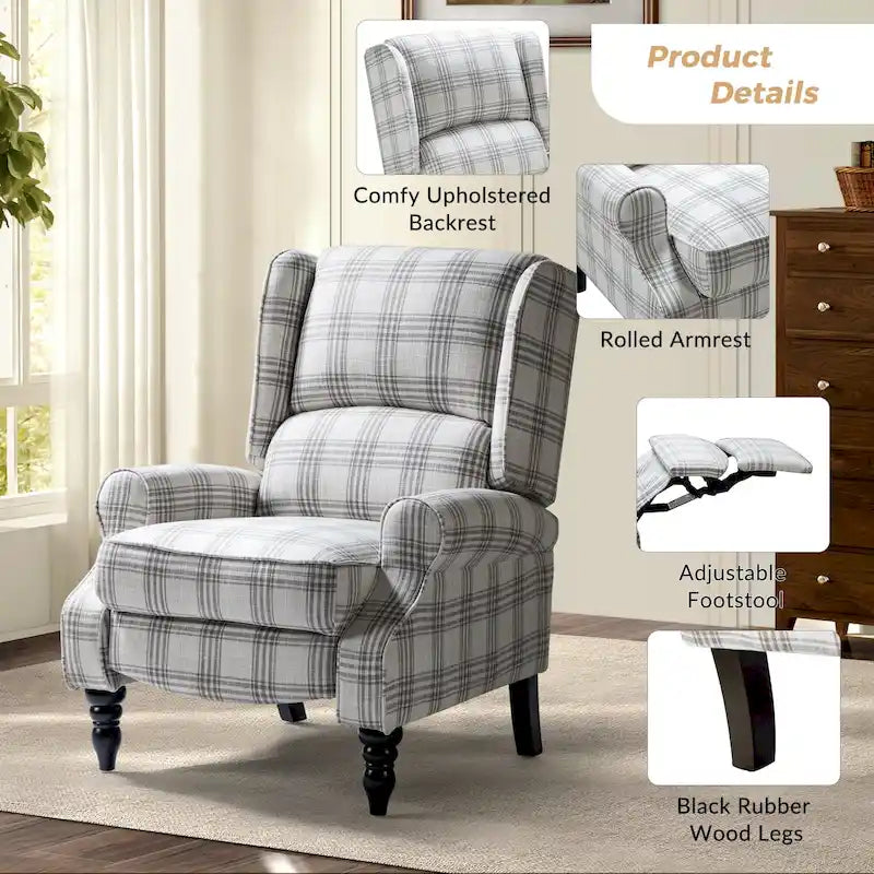 Fauteuil inclinable manuel à oreilles avec pieds fuseau – Carreaux noirs / Rayures noires / Fleurs / Carreaux gris / Fauve / Jacobéen / Rayures marine / Tropical / Blanc / Bleu / Gris, Style classique, Individuel