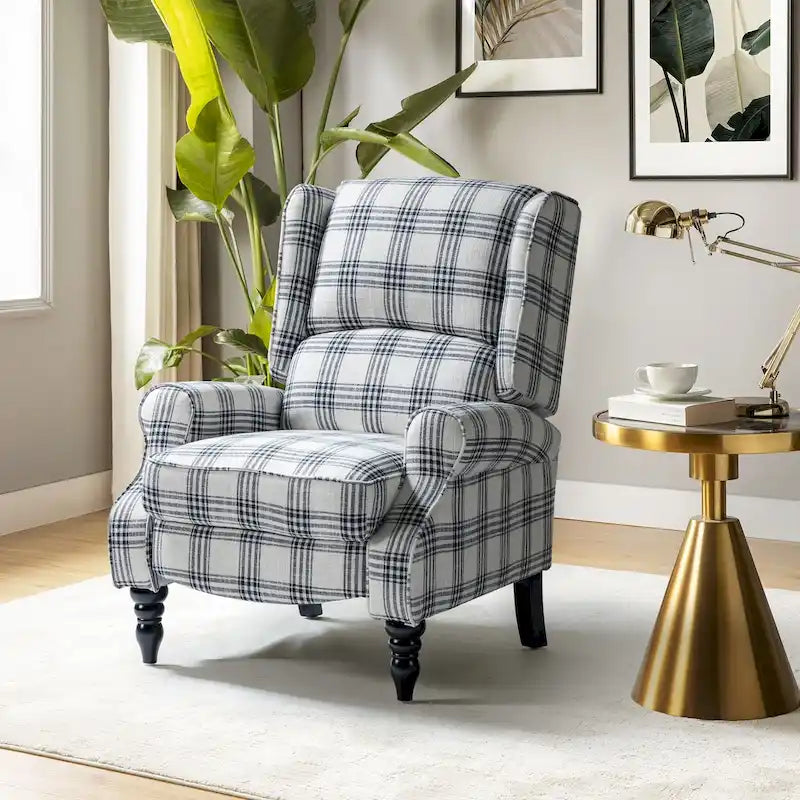 Fauteuil inclinable manuel à oreilles avec pieds fuseau – Carreaux noirs / Rayures noires / Fleurs / Carreaux gris / Fauve / Jacobéen / Rayures marine / Tropical / Blanc / Bleu / Gris, Style classique, Individuel