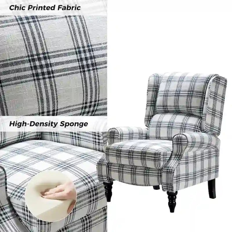 Fauteuil inclinable manuel à oreilles avec pieds fuseau – Carreaux noirs / Rayures noires / Fleurs / Carreaux gris / Fauve / Jacobéen / Rayures marine / Tropical / Blanc / Bleu / Gris, Style classique, Individuel